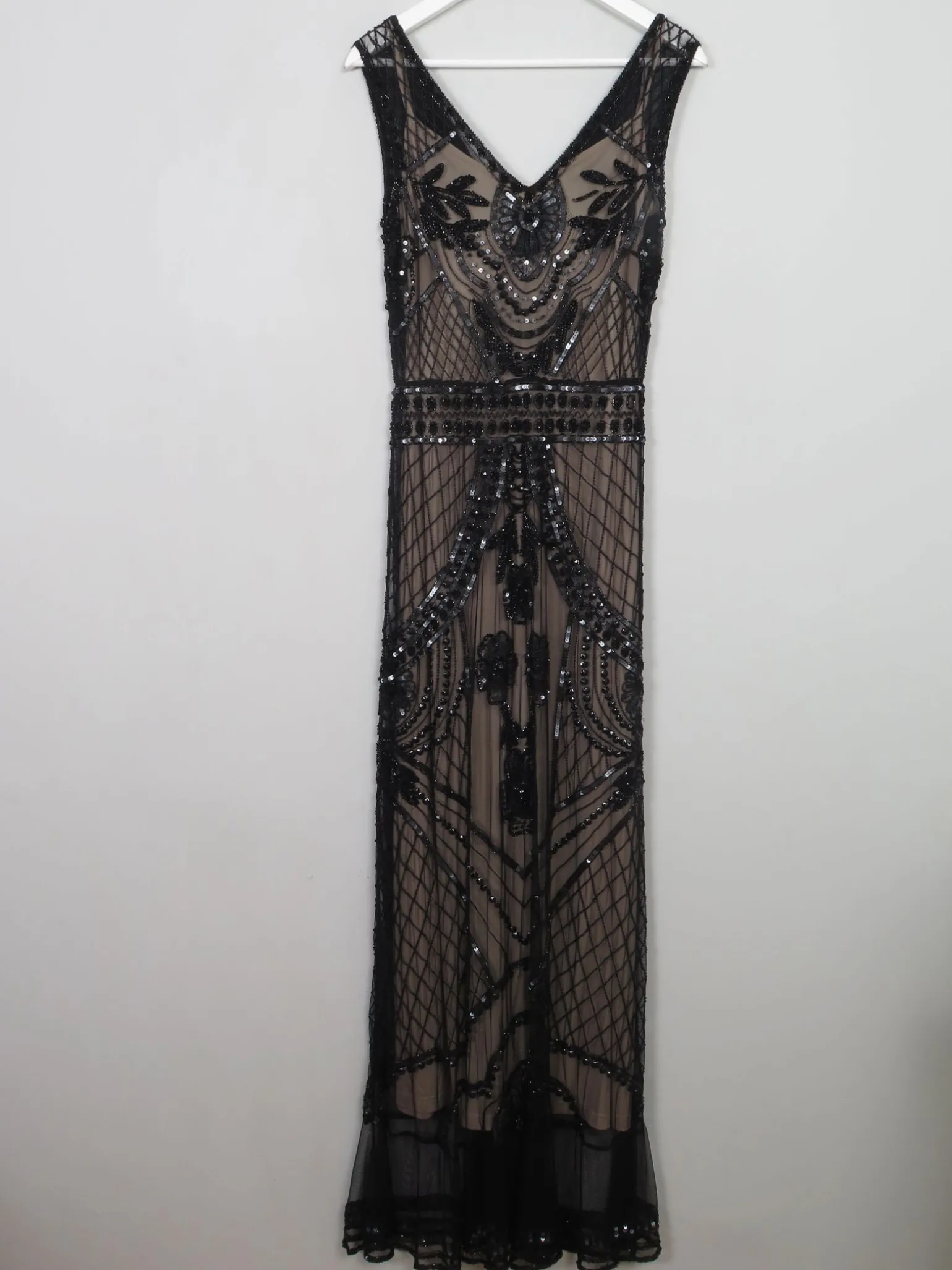 Black Beaded Vintage 1920s Style Long Evening Dress 10