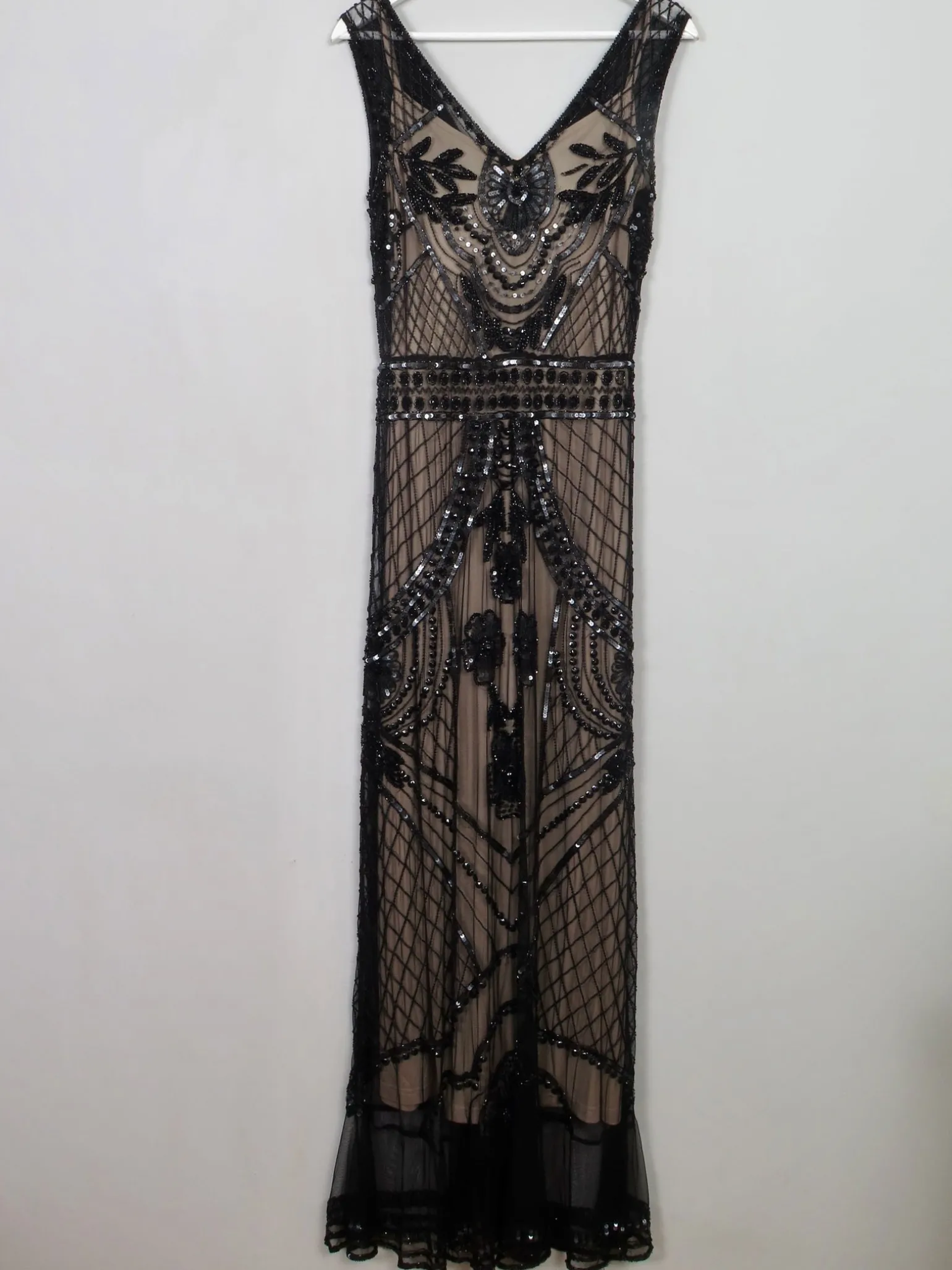 Black Beaded Vintage 1920s Style Long Evening Dress 10