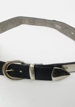 Black Leather Vintage Belt With Silver Metal Pieces M/L