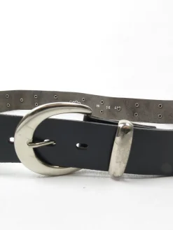 Black Leather Vintage Belt With Silver Metal Pieces M/L