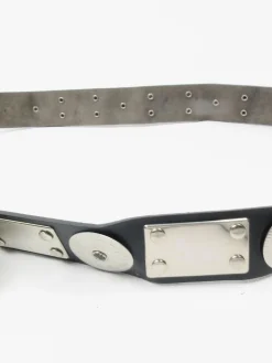 Black Leather Vintage Belt With Silver Metal Pieces M/L