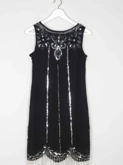 Black 1920s Vintage Style Flapper Dress With Beads S