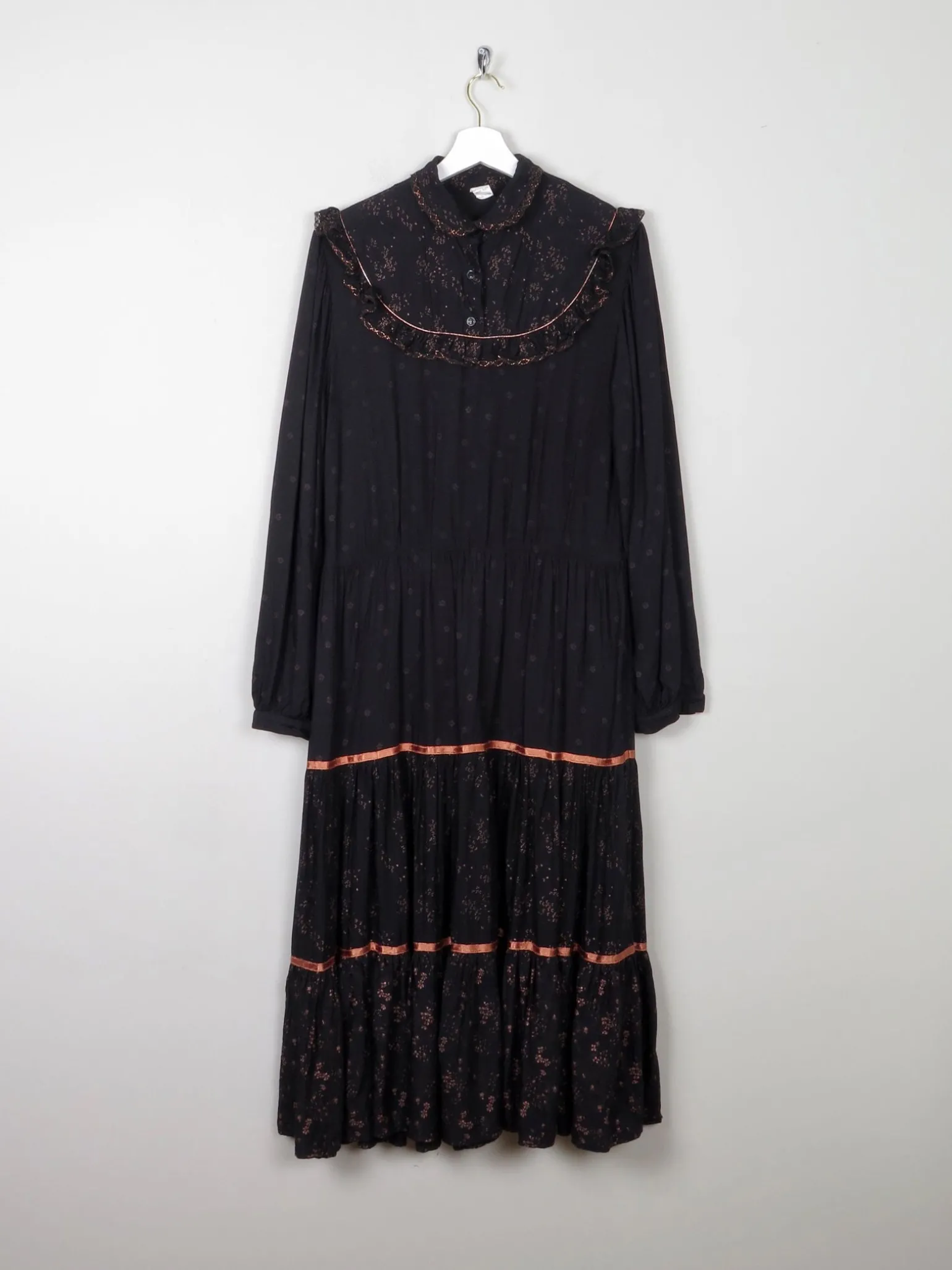 Black Vintage 1970s Prairie Style Midi Dress M/L