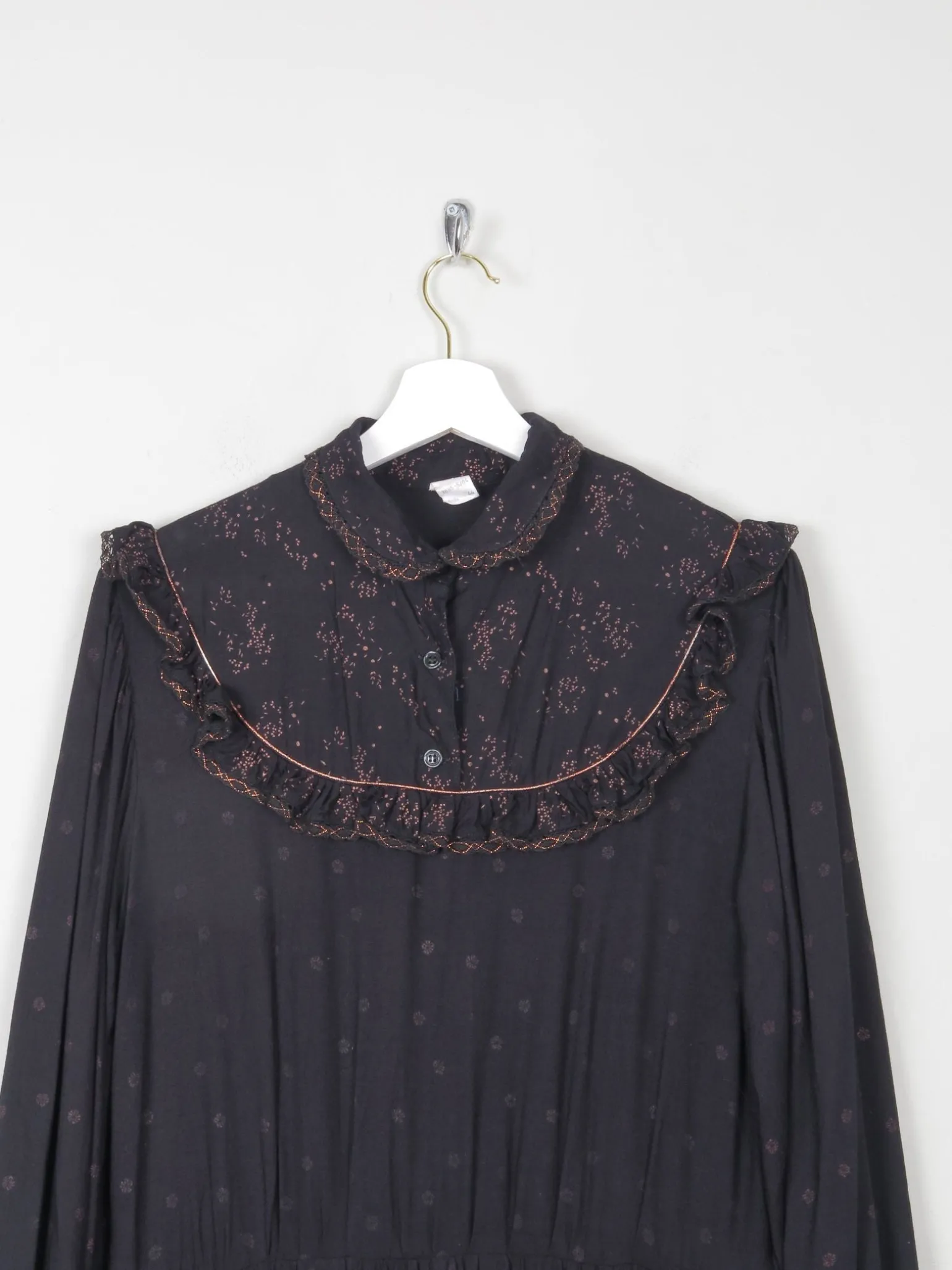 Black Vintage 1970s Prairie Style Midi Dress M/L