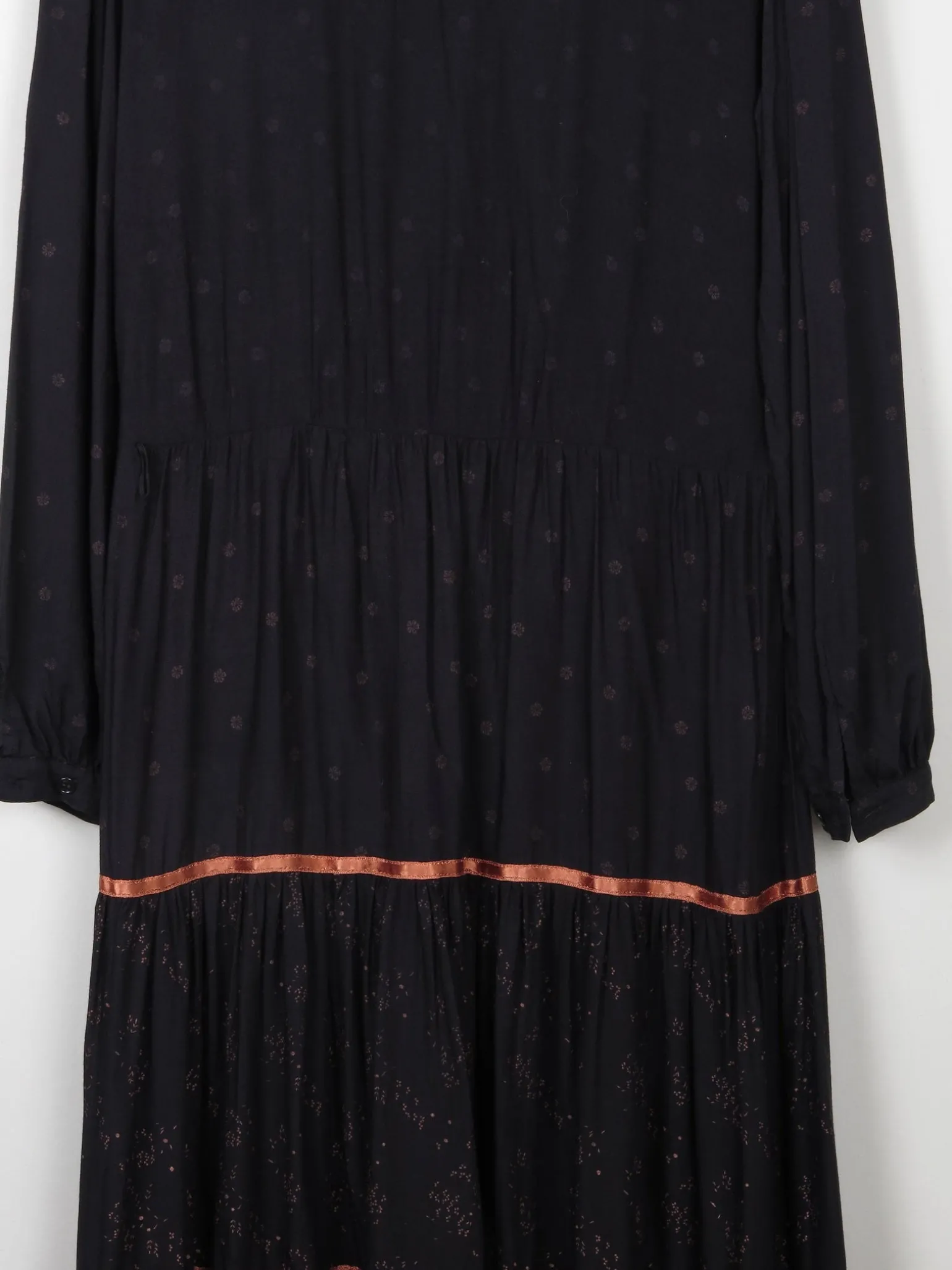 Black Vintage 1970s Prairie Style Midi Dress M/L