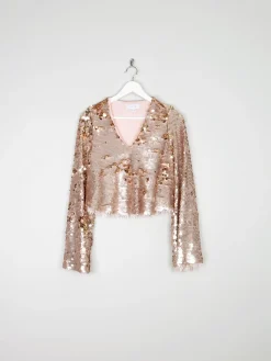 Gold Sequin Cropped V-neck Top With Bell Sleeves & Tassels 10