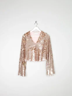 Gold Sequin Cropped V-neck Top With Bell Sleeves & Tassels 10