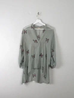 Green Silk Top With Butterfly Print M/L