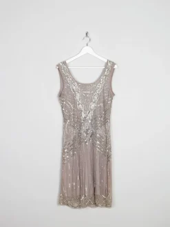 Grey/Taupe Vintage 1920s  Style Beaded Flapper Dress With Silver 14