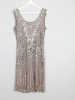 Grey/Taupe Vintage 1920s  Style Beaded Flapper Dress With Silver 14