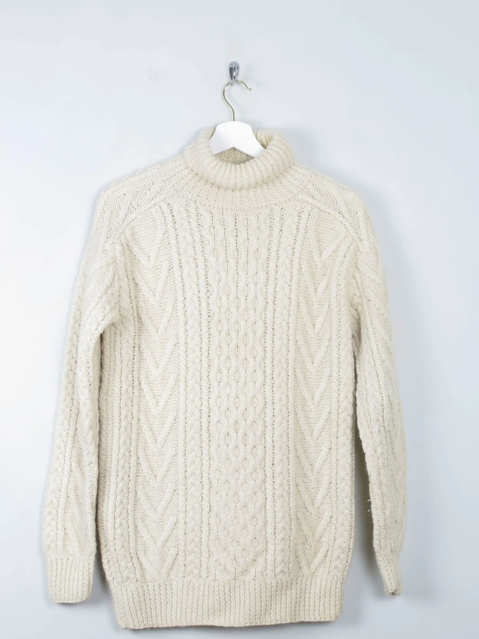 Men's Cream Vintage Aran Jumper Polo Neck S