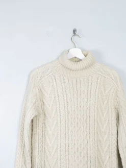 Men's Cream Vintage Aran Jumper Polo Neck S