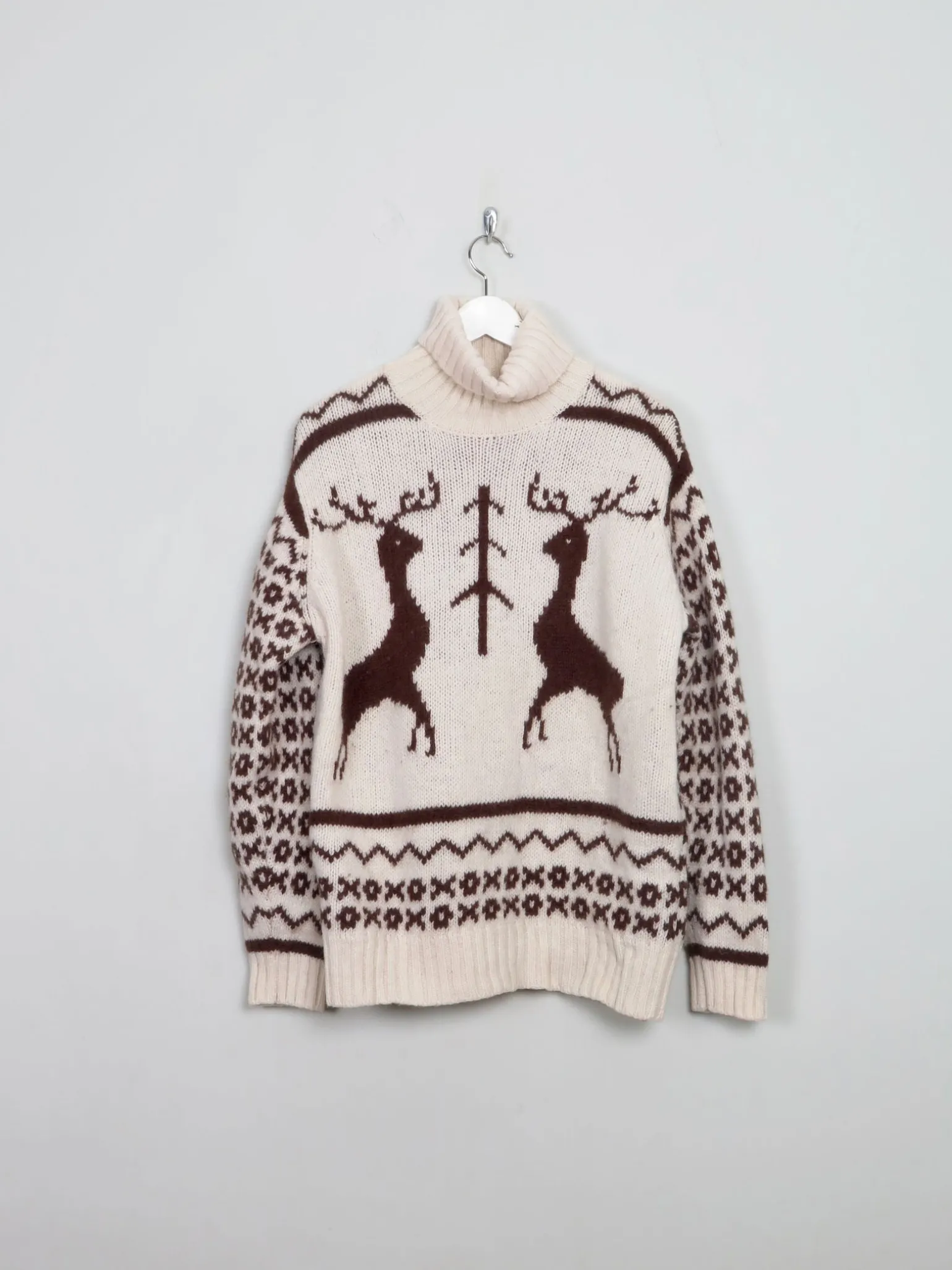 Men's Cream Vintage Polo Neck Deer Jumper M