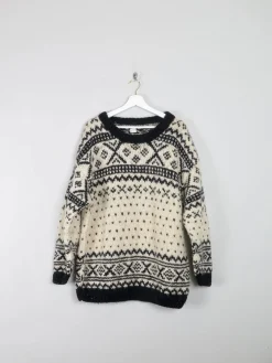 Men's Handmade Vintage Cream Jumper With Black Pattern XL
