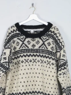 Men's Handmade Vintage Cream Jumper With Black Pattern XL