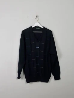 Men's Navy Printed Vintage V- Neck Jumper XL