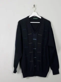 Men's Navy Printed Vintage V- Neck Jumper XL