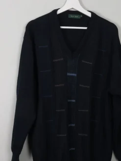 Men's Navy Printed Vintage V- Neck Jumper XL