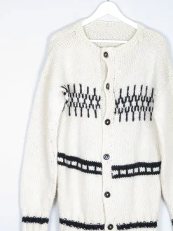Men's 1970s Cream Hand-Knit Vintage Cardigan M/L