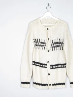 Men's 1970s Cream Hand-Knit Vintage Cardigan M/L