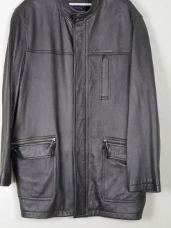 Men’s Vintage Black Leather Parka Style Long Jacket L
