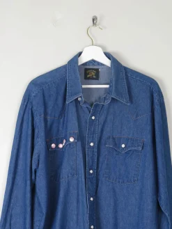 Men's Vintage Blue Denim Shirt With USA Flag L