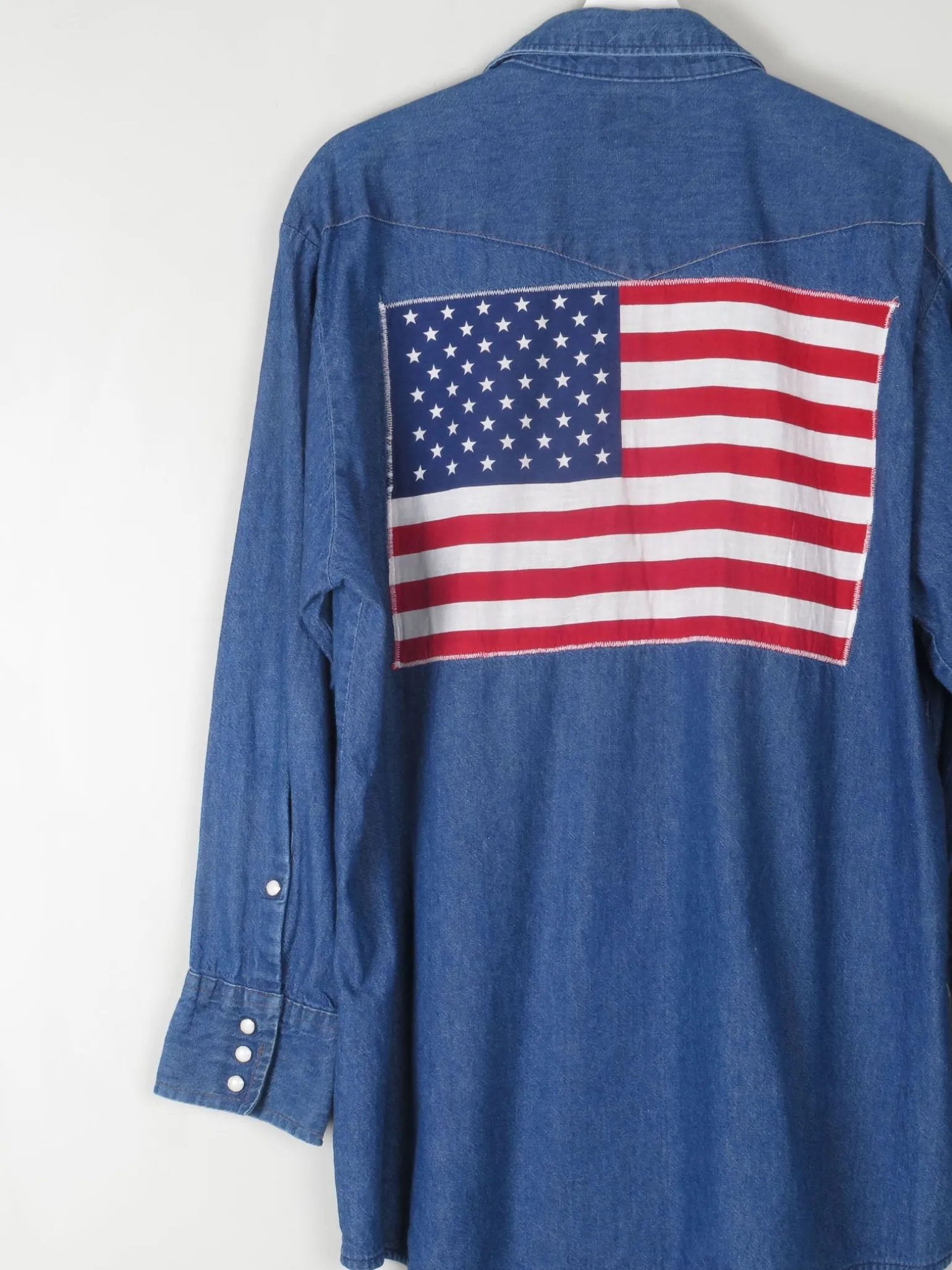 Men's Vintage Blue Denim Shirt With USA Flag L