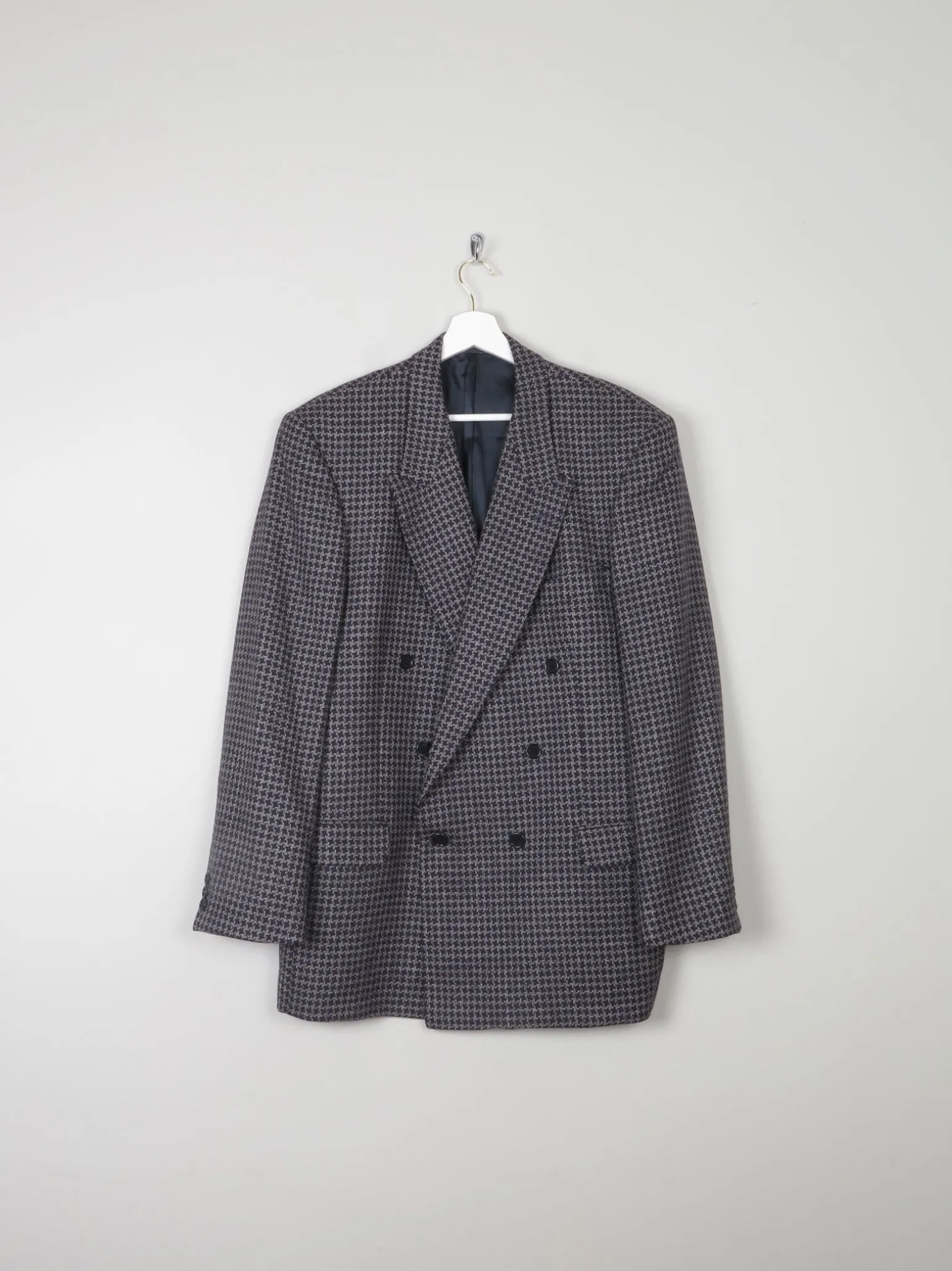 Men's Vintage Grey & Navy Houndstooth Jaeger Double Breasted Jacket 44" L