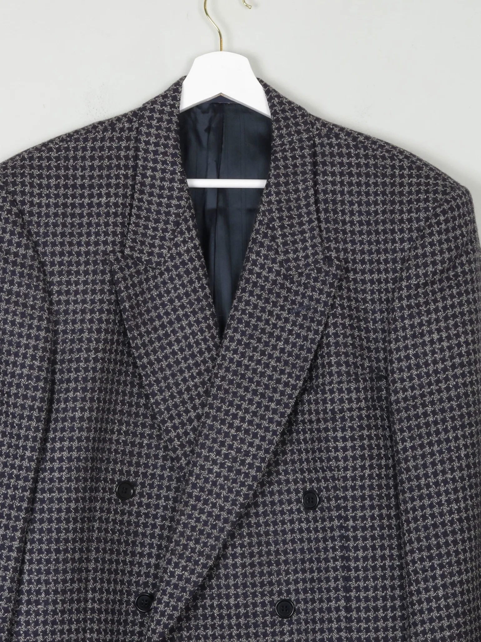 Men's Vintage Grey & Navy Houndstooth Jaeger Double Breasted Jacket 44" L