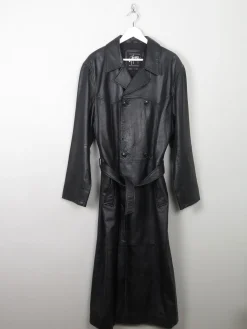 Men's Vintage Long Belted Black Leather Coat L