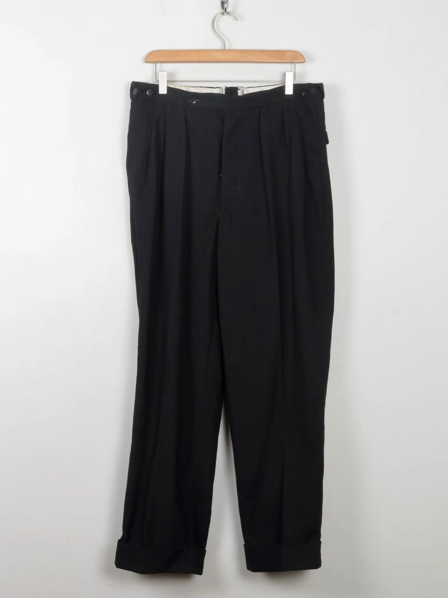 Men's Vintage Wool Black Trousers With Turn Up Hem 34"/30L"