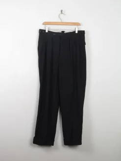 Men's Vintage Wool Black Trousers With Turn Up Hem 34"/30L"