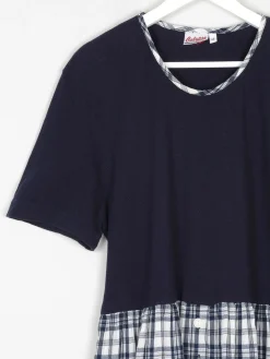 Navy & Check Combined  Midi 1990s Dress With Pockets M/L