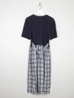 Navy & Check Combined  Midi 1990s Dress With Pockets M/L