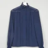 Navy High Neck Sheer Blouse With Pleats S