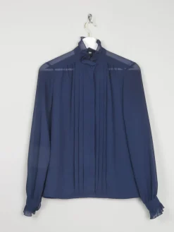 Navy High Neck Sheer Blouse With Pleats S