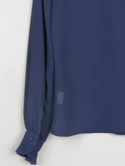 Navy High Neck Sheer Blouse With Pleats S