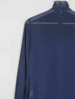 Navy High Neck Sheer Blouse With Pleats S