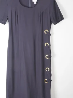 Navy Vintage Midi Joesph Ribkoff Designer Dress With Gold Metal Details 10/12
