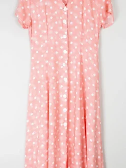 1990s Vintage Peach Polka Dot Button Down Midi Dress Unworn S