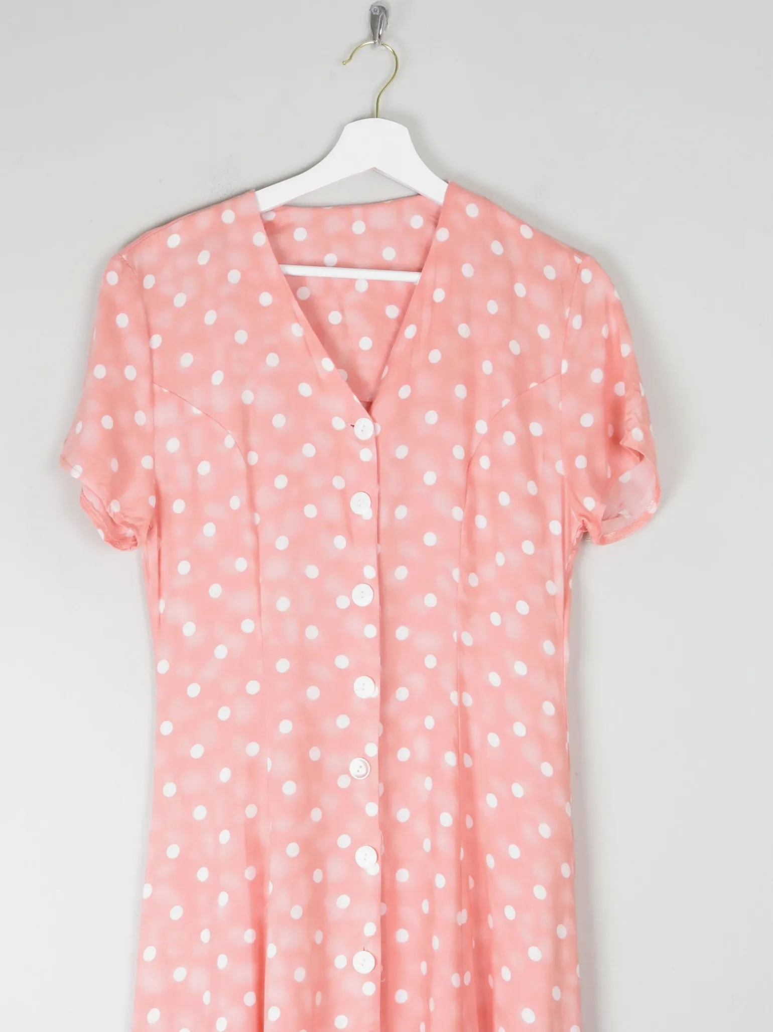 1990s Vintage Peach Polka Dot Button Down Midi Dress Unworn S