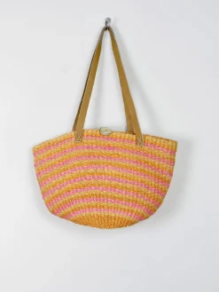 1970s Vintage Straw Bag Large Yellow & Pink With Leather Strap
