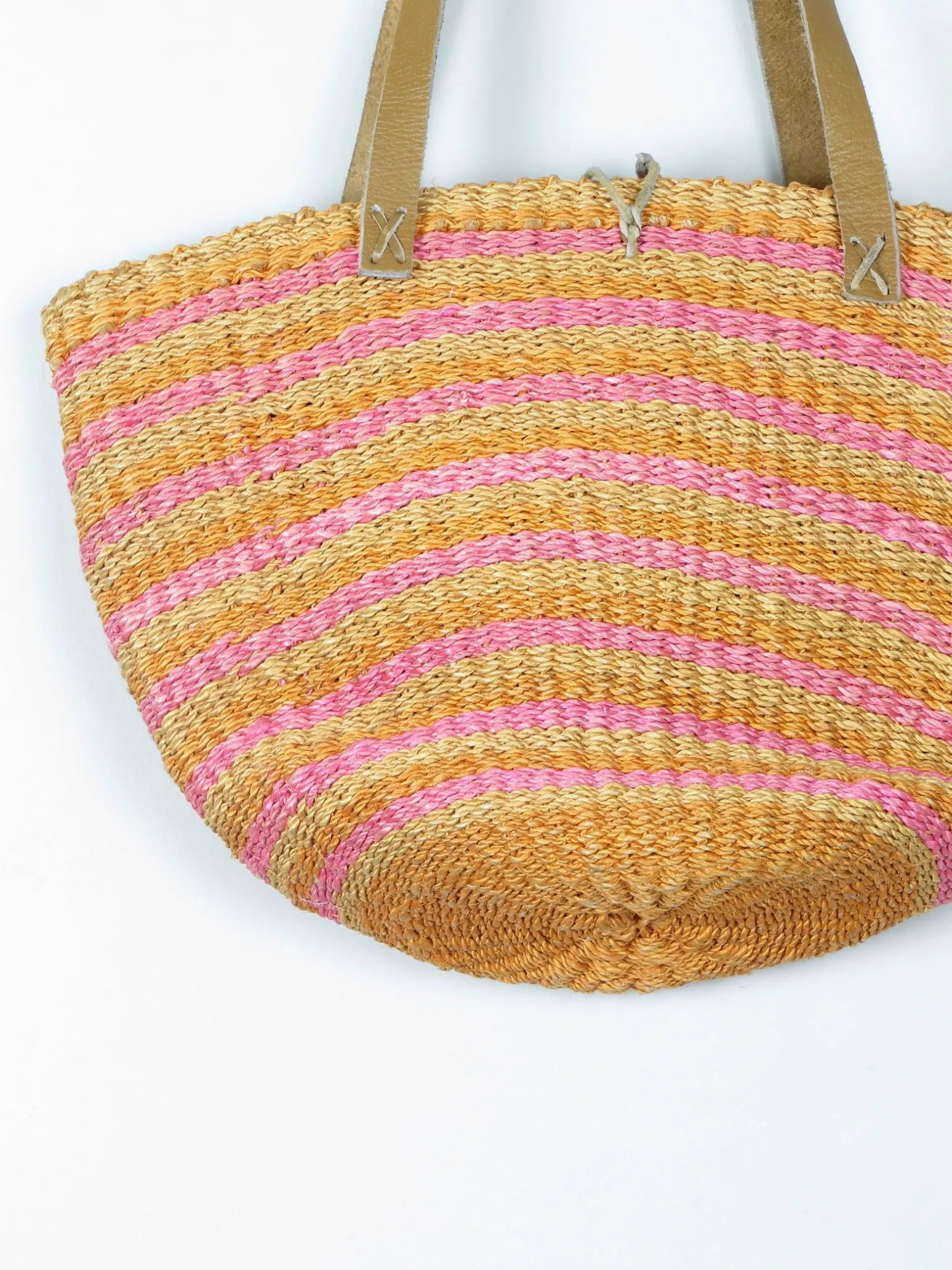 1970s Vintage Straw Bag Large Yellow & Pink With Leather Strap