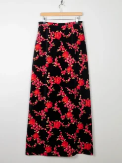 1970s Vintage Velvet Floral Print Maxi Skirt 28"W /S