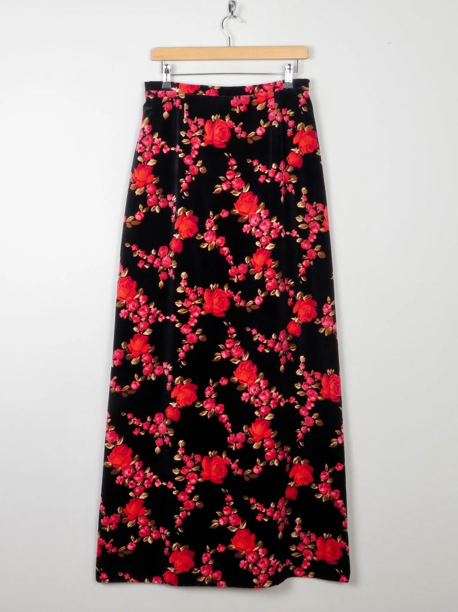 1970s Vintage Velvet Floral Print Maxi Skirt 28"W /S