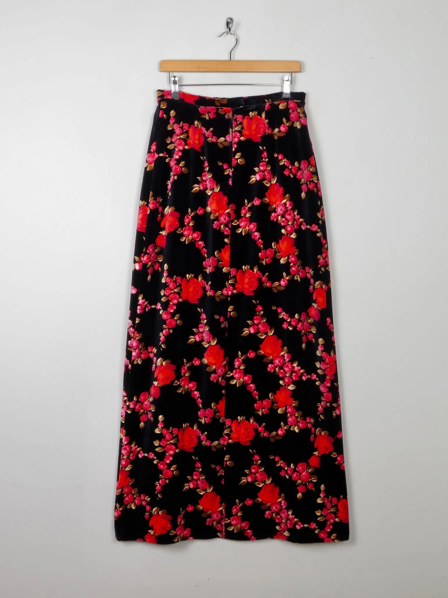 1970s Vintage Velvet Floral Print Maxi Skirt 28"W /S