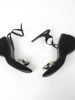 Stephaine Kelian Black Suede Wedge Shoes With Green Stones 5.5