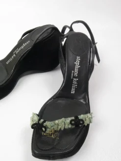 Stephaine Kelian Black Suede Wedge Shoes With Green Stones 5.5
