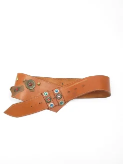 Tan Leather Vintage Waist Belt With Embellishments
