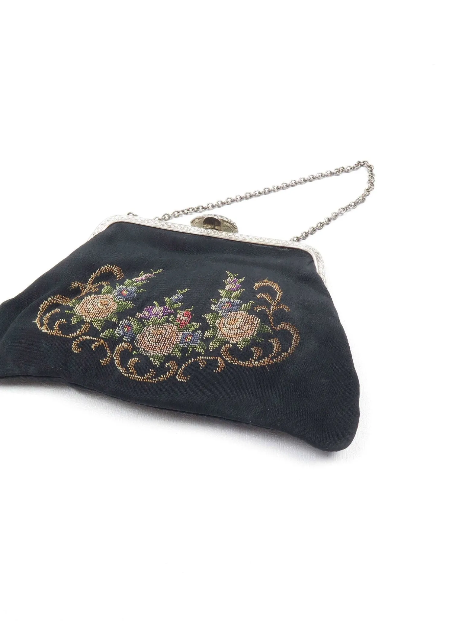 Vintage Bag Petit Point Hand Embroidered Black